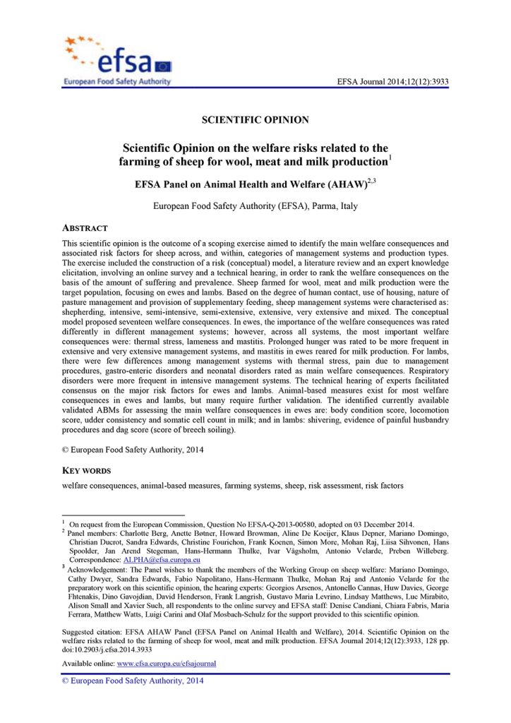 EFSA Welfare risks related to the farming of sheep for wool meat and milk production