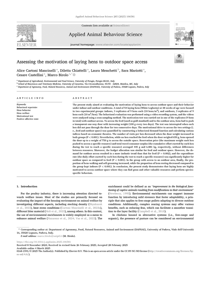 Assessing the motivation of laying hens to outdoor space access